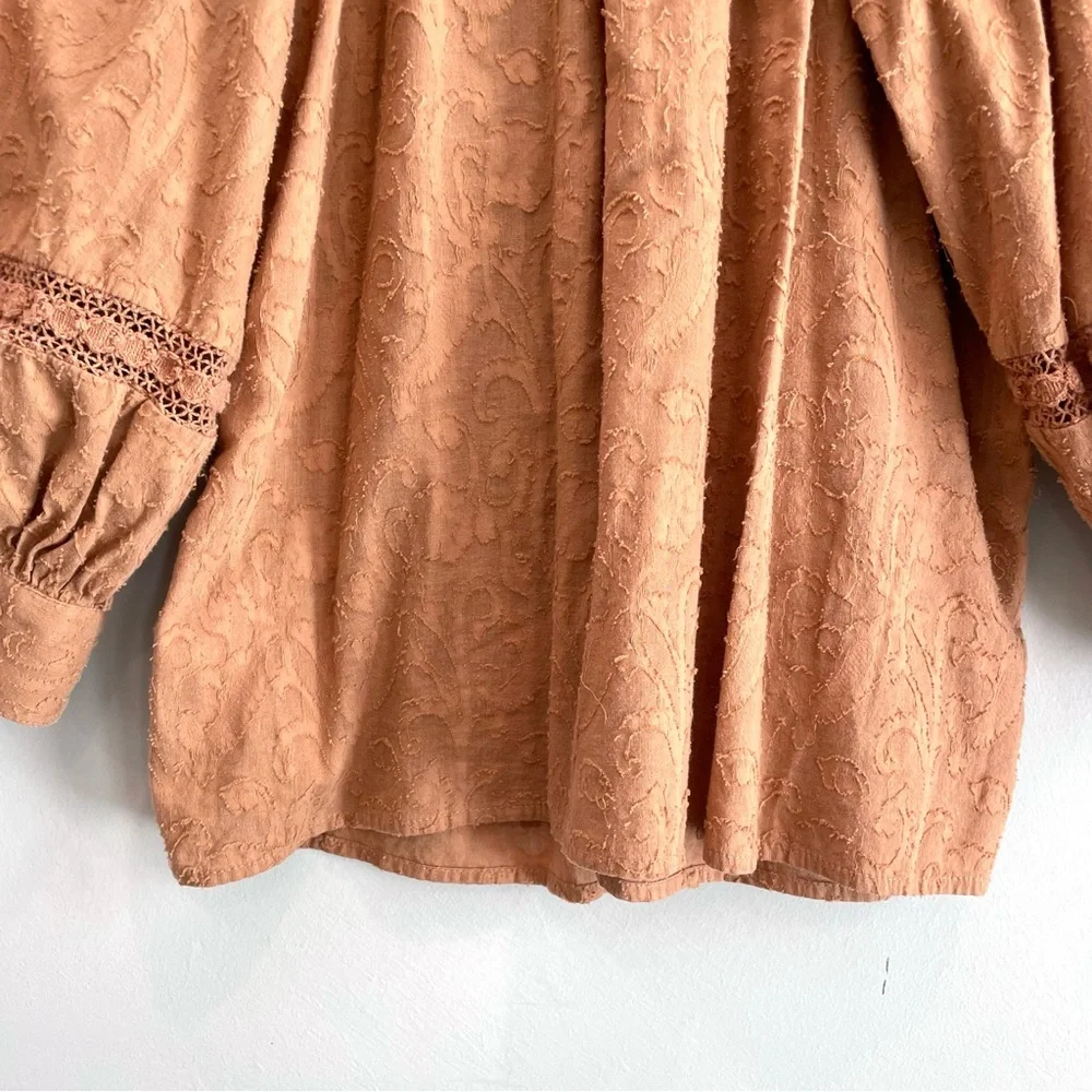By Anthropologie Harmony Button Down Front Crochet Inset Puff Sleeve Top